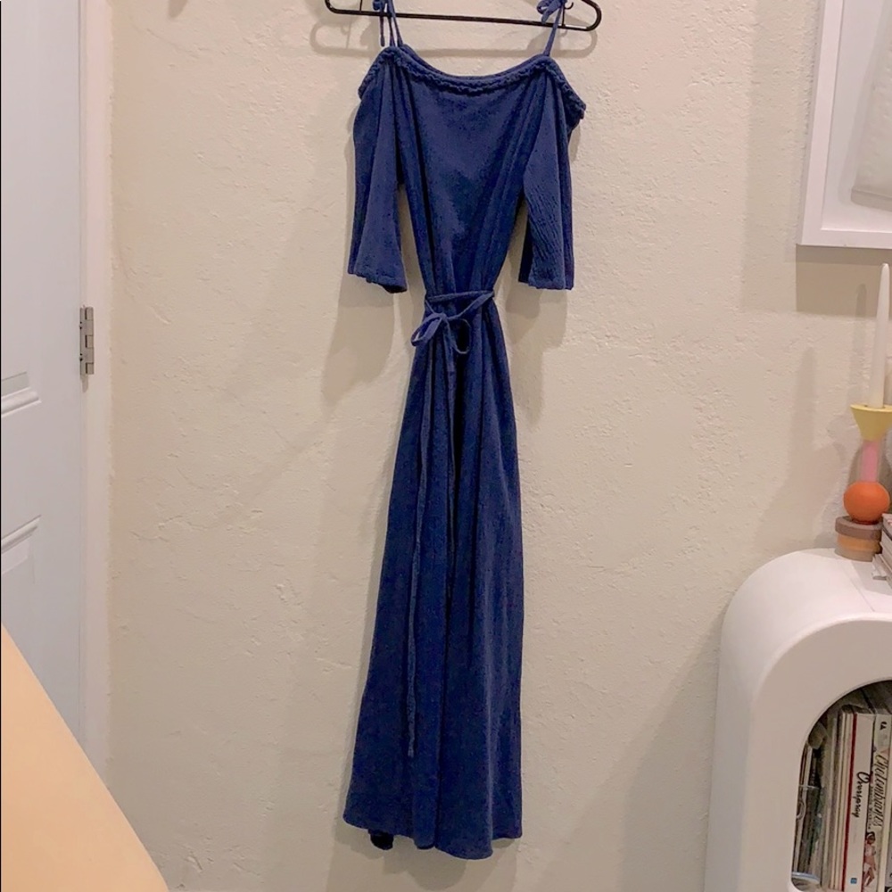 Santorini blue gauze cold-shoulder boho maxi dress